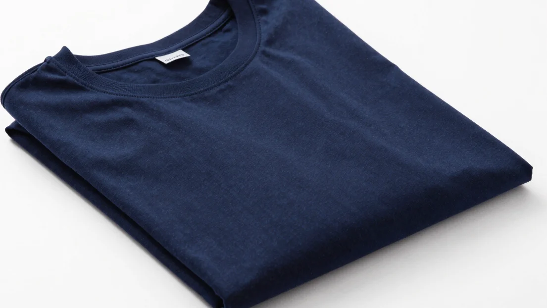 Studio product photo of a folded plain t-shirt in navy on a white