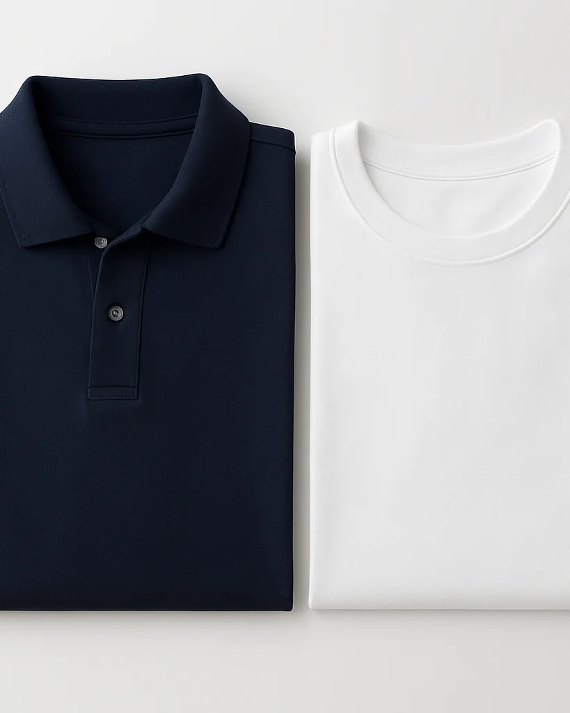 Clean e-commerce product photography of neatly folded navy corpor