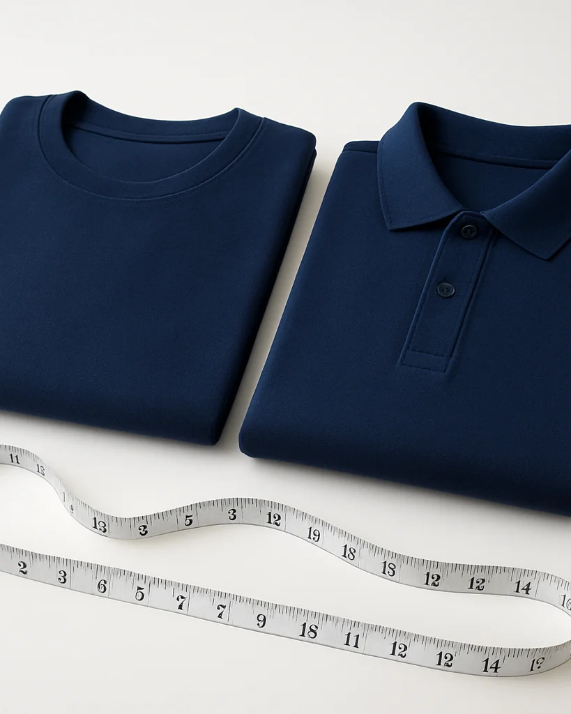 Wide studio product photo on a clean white background, a navy-blue cotton t-shirt and a navy polo folded neatly beside a