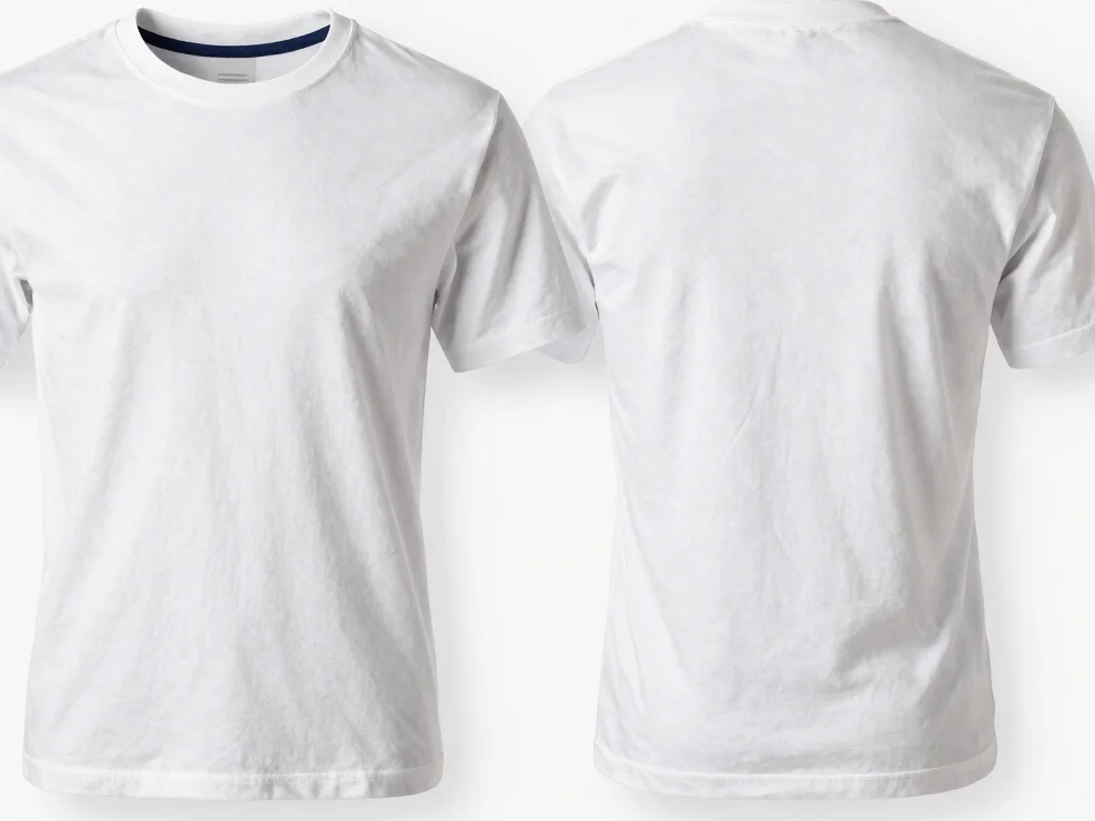 Front and back view of a white cotton t-shirt on a clean white ba
