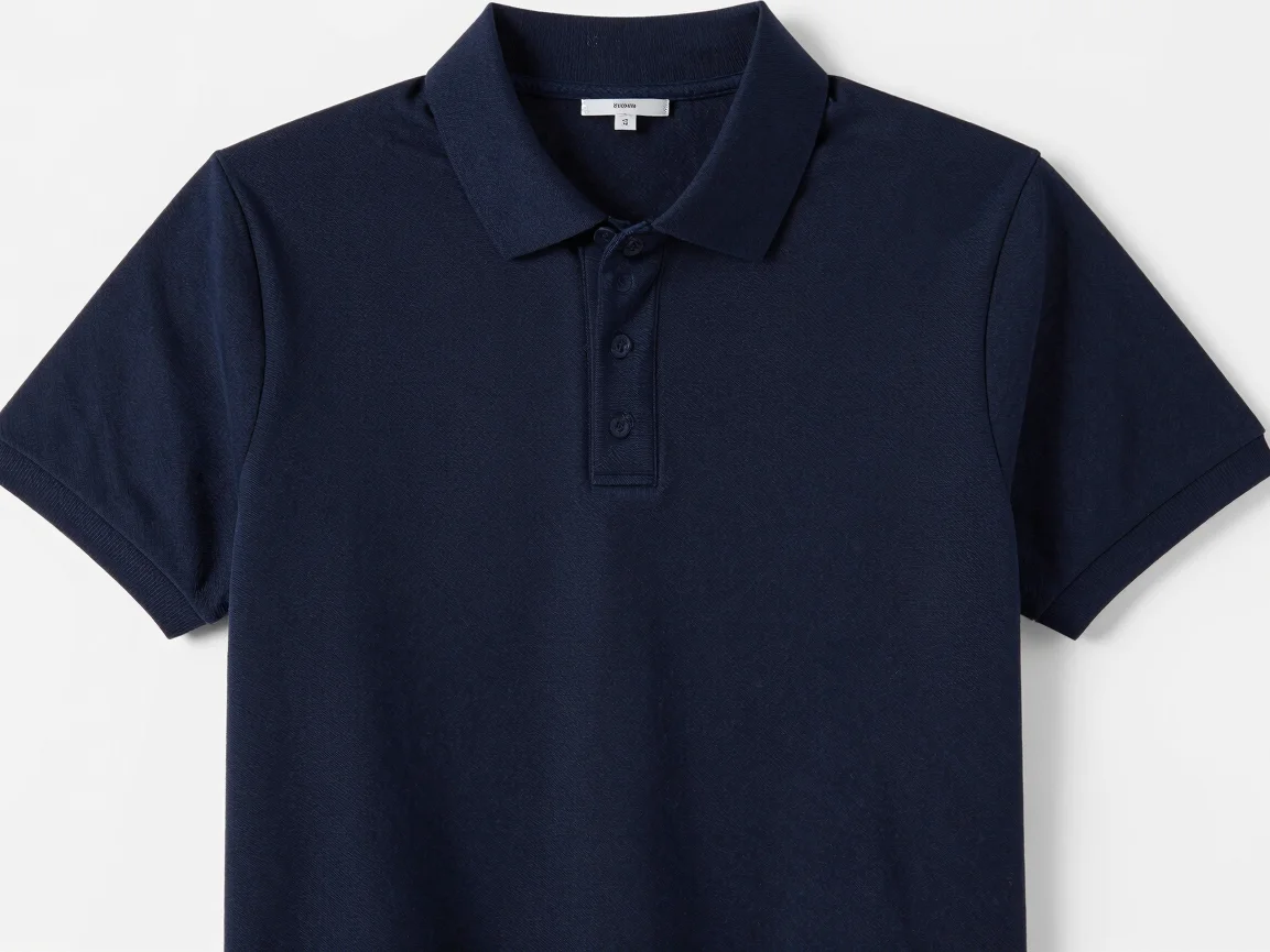 Front and back view of a navy polo shirt on a clean white backgro