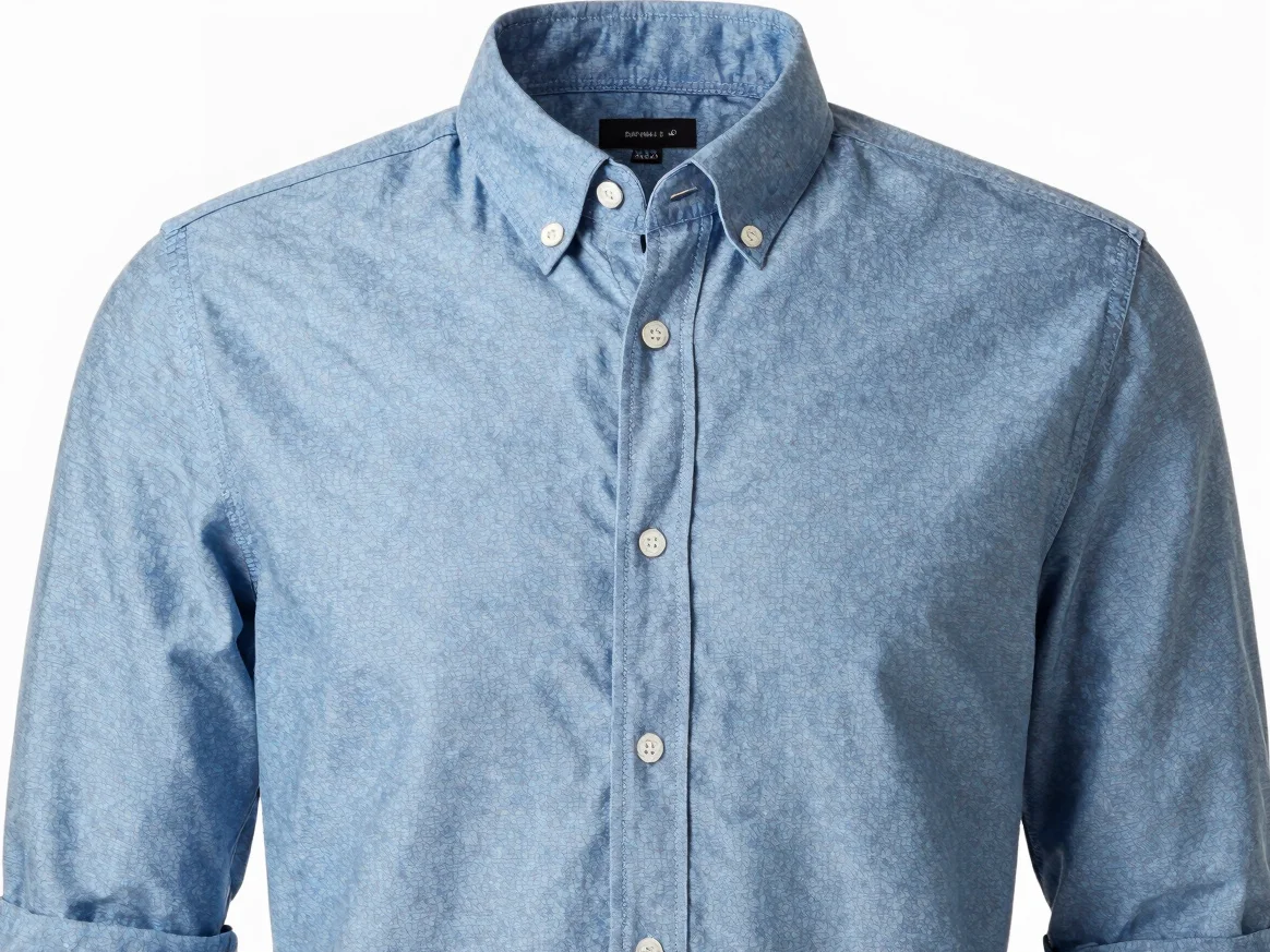 Front and back view of a light blue Oxford shirt on a clean white