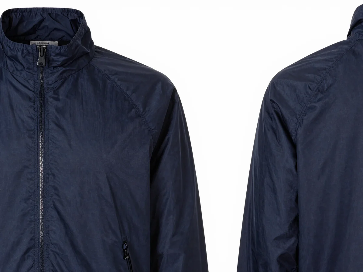 Front and back view of a navy windbreaker jacket on a clean white