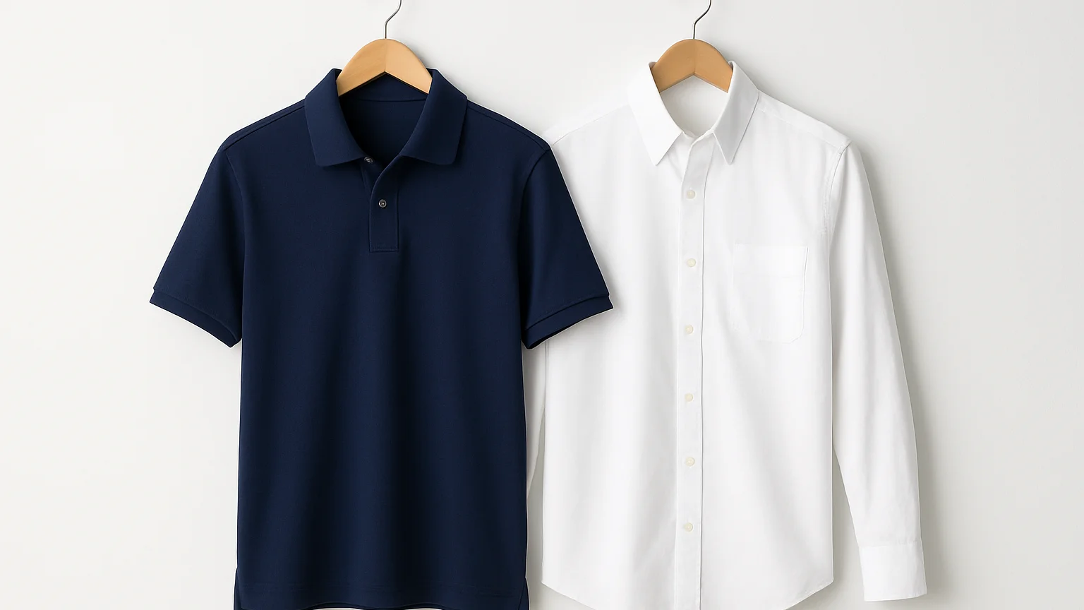 Studio product photo of a navy polo shirt and a white button-up s