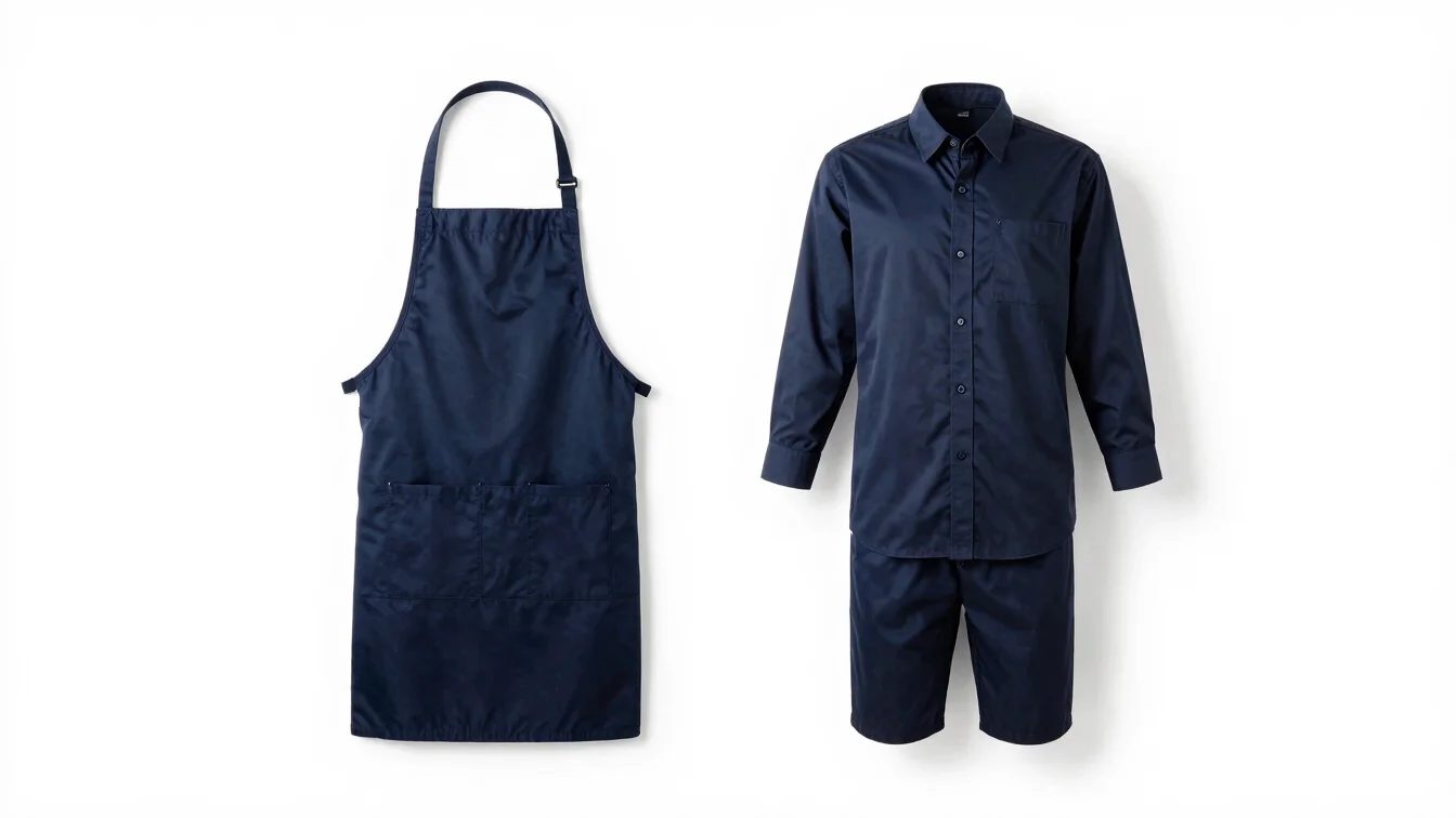 Clean studio product photo of a coordinated uniform set, navy apr