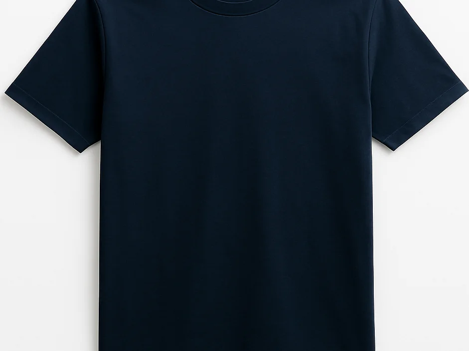 Studio product photo of a navy crew-neck t-shirt on a white backg