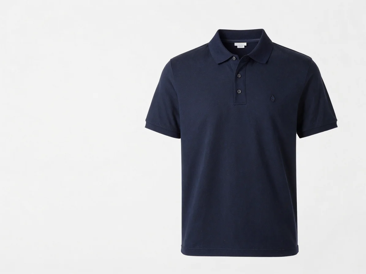 Studio product photo of a navy polo shirt with a small embroidere