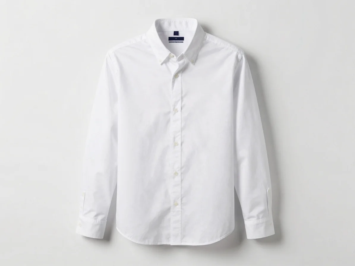 Studio product photo of a white button-up work shirt on a white b