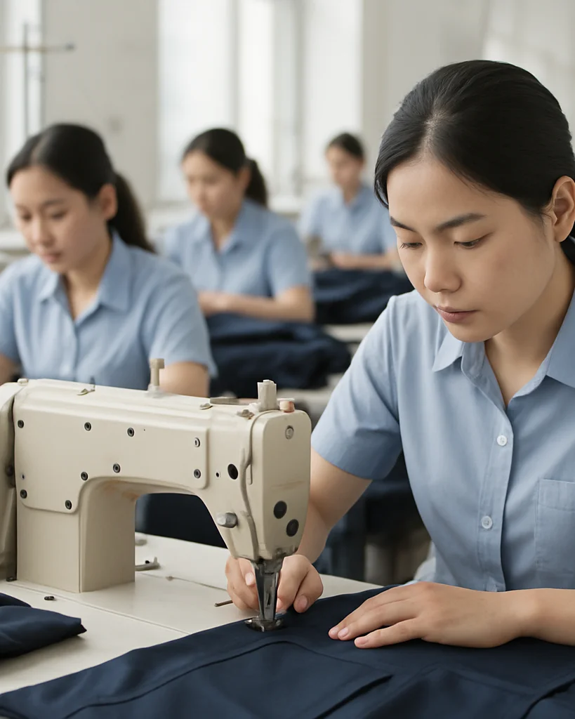 Ảnh chụp xưởng may công nghiệp hiện đại, công nhân đang may áo đồng phục trên máy may, ánh sáng tự nhiên dịu, khung hình