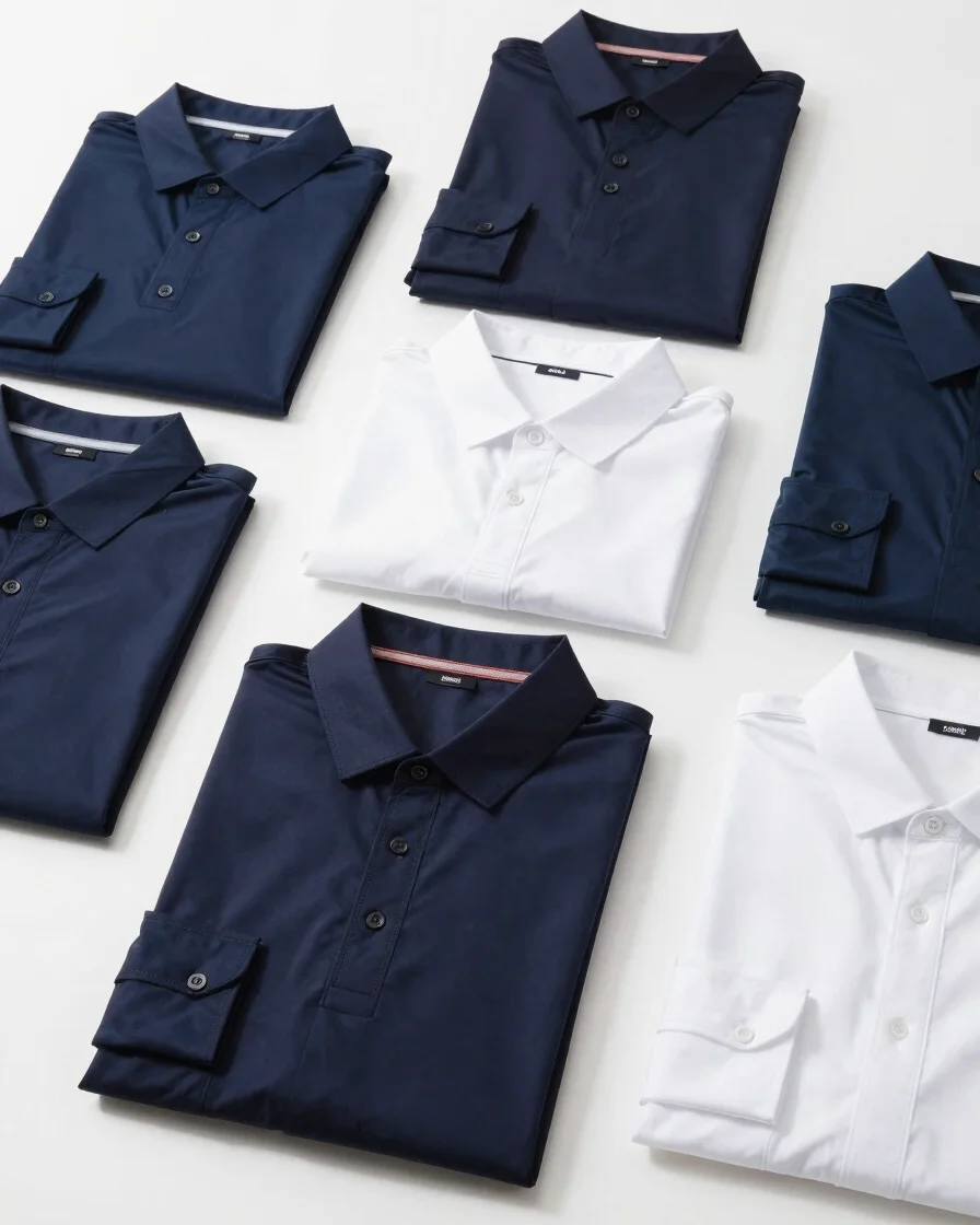 Clean e-commerce product photography of several navy and white un